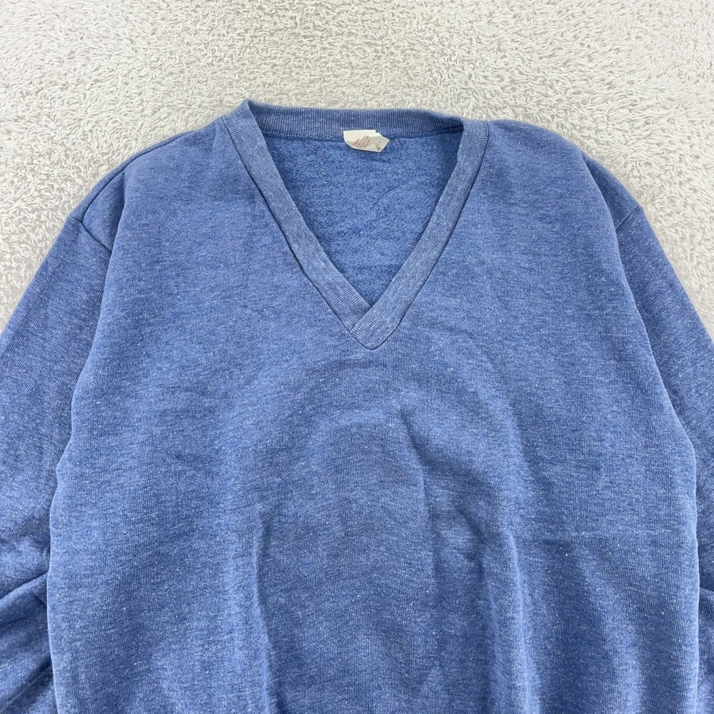 Vintage Casualwear V Neck‎ Pullover Sweater S/M Blue Blank Made USA Cotton 70s